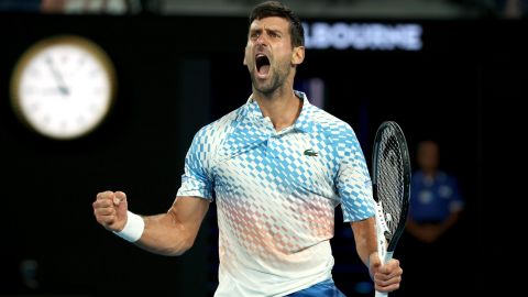 MELBOURNE, AUSTRALIA - JANUARY 25: Novak Djokovic of Serbia reacts in the Quarterfinal singles match against Andrey Rublev during day ten of the 2023 Australian Open at Melbourne Park on January 25, 2023 in Melbourne, Australia. (Photo by Mark Kolbe/Getty Images)