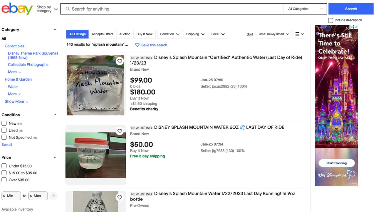 Listings for "Splash Mountain Water" on eBay.