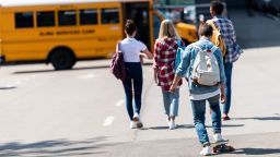 rear view of group of teen scholars walking to school bus by parking