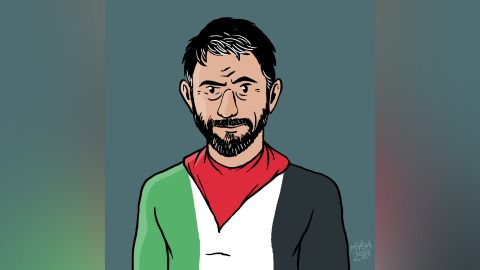صورة ذاتية لميش ، الذي رسم سلسلة من الرسوم التوضيحية احتجاجًا على تحرك الحكومة الإسرائيلية لمنع استخدام العلم الفلسطيني في الأماكن العامة.