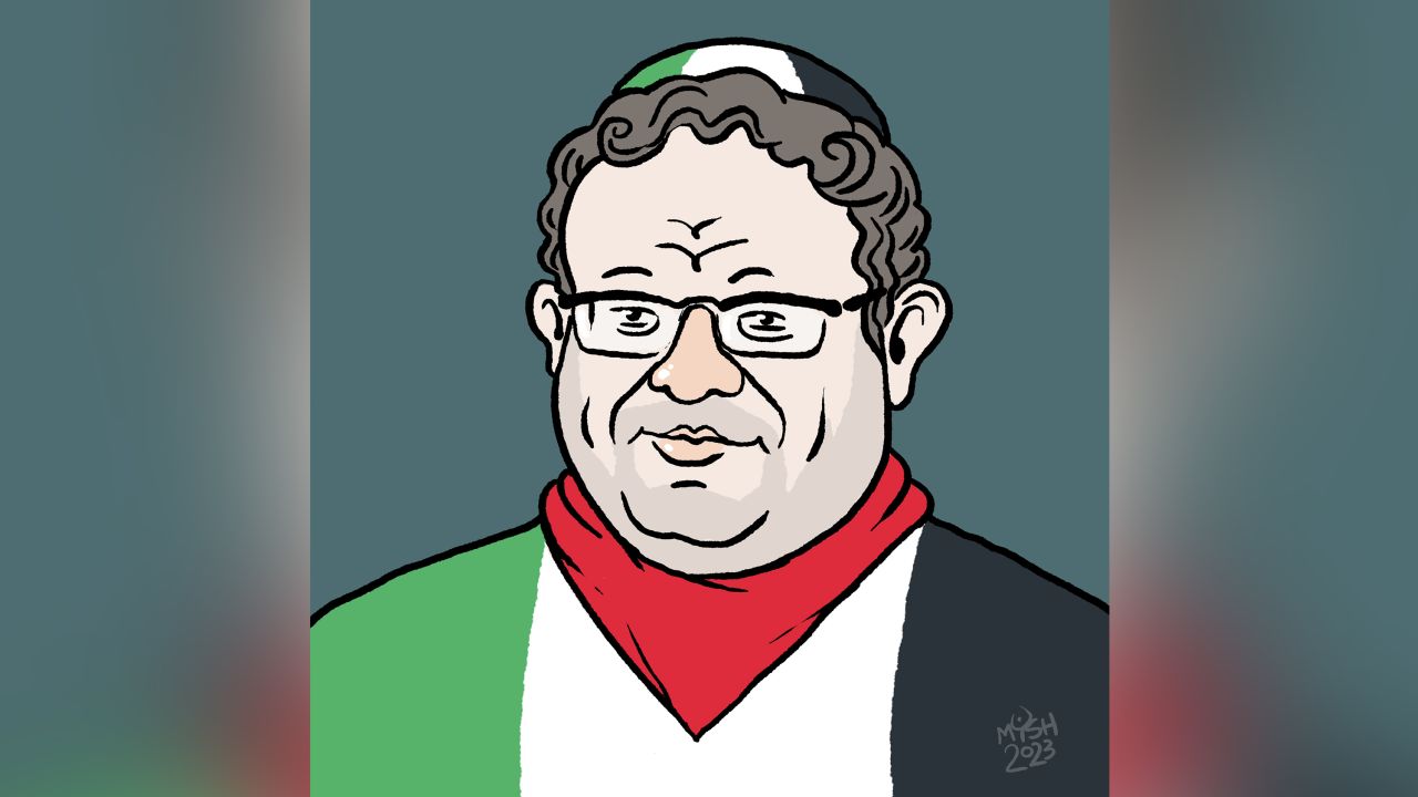 A portrait of Israel's far-right minister Itamar Ben Gvir, who issued the order banning the Palestinian flag in public, by the artist Mysh.