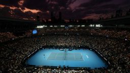 MELBOURNE, AUSTRALIA - JANUARY 25: A general view of the Quarterfinal singles match between Andrey Rublev and Novak Djokovic of Serbia during day ten of the 2023 Australian Open at Melbourne Park on January 25, 2023 in Melbourne, Australia. (Photo by Lintao Zhang/Getty Images)