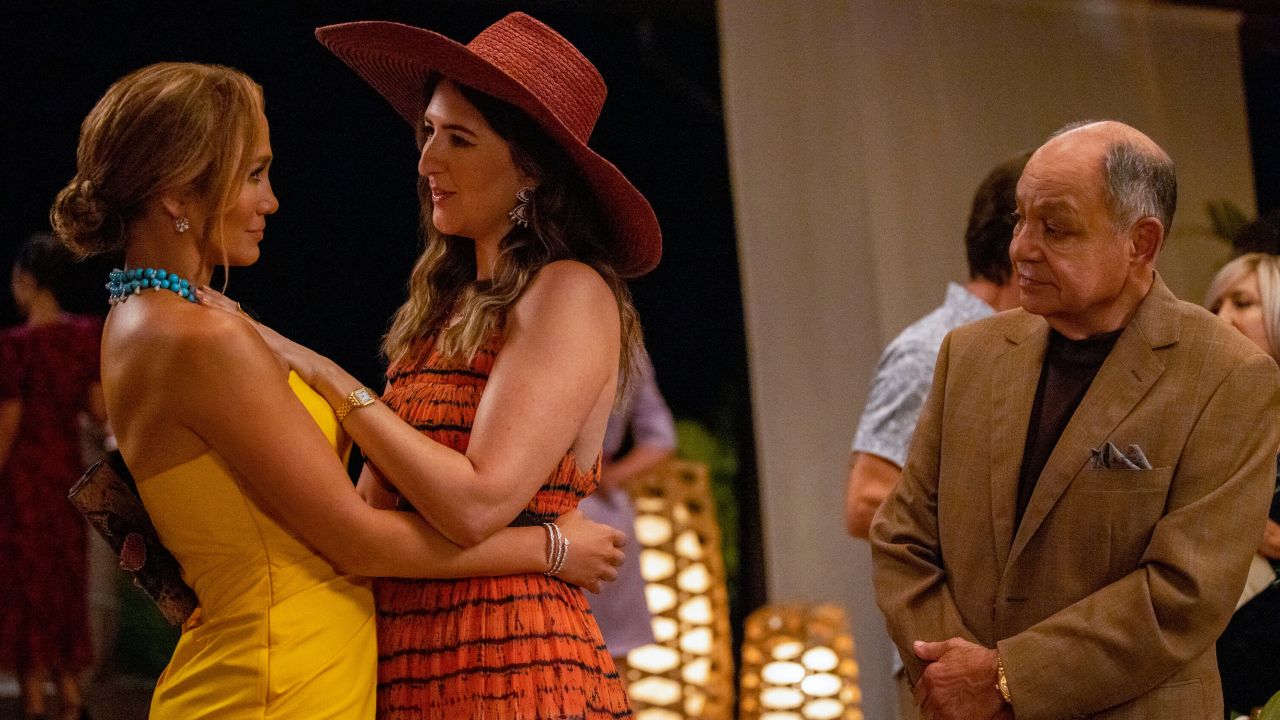 Jennifer Lopez with D'Arcy Carden and Cheech Marin, as her dad and his new girlfriend, in "Shotgun Wedding."
