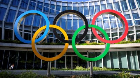 The Olympic Rings are pictured in front of The Olympic House, headquarters of the International Olympic Committee at the opening of the executive board meeting of the IOC in Lausanne, Switzerland on September 8, 2022.