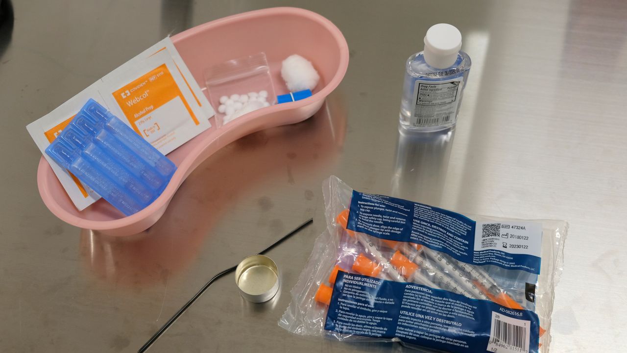 In this file photo, supplies are seen on the table of a booth injection station at Safer Inside, a realistic model of a safe injection site in San Francisco, on August 29, 2018.