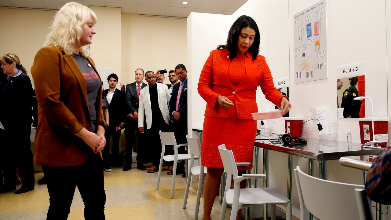 San Francisco Mayor London Breed tours Safer Inside, a prototype of a safe injection site for intravenous drug users at Glide in San Francisco on August 29, 2018.