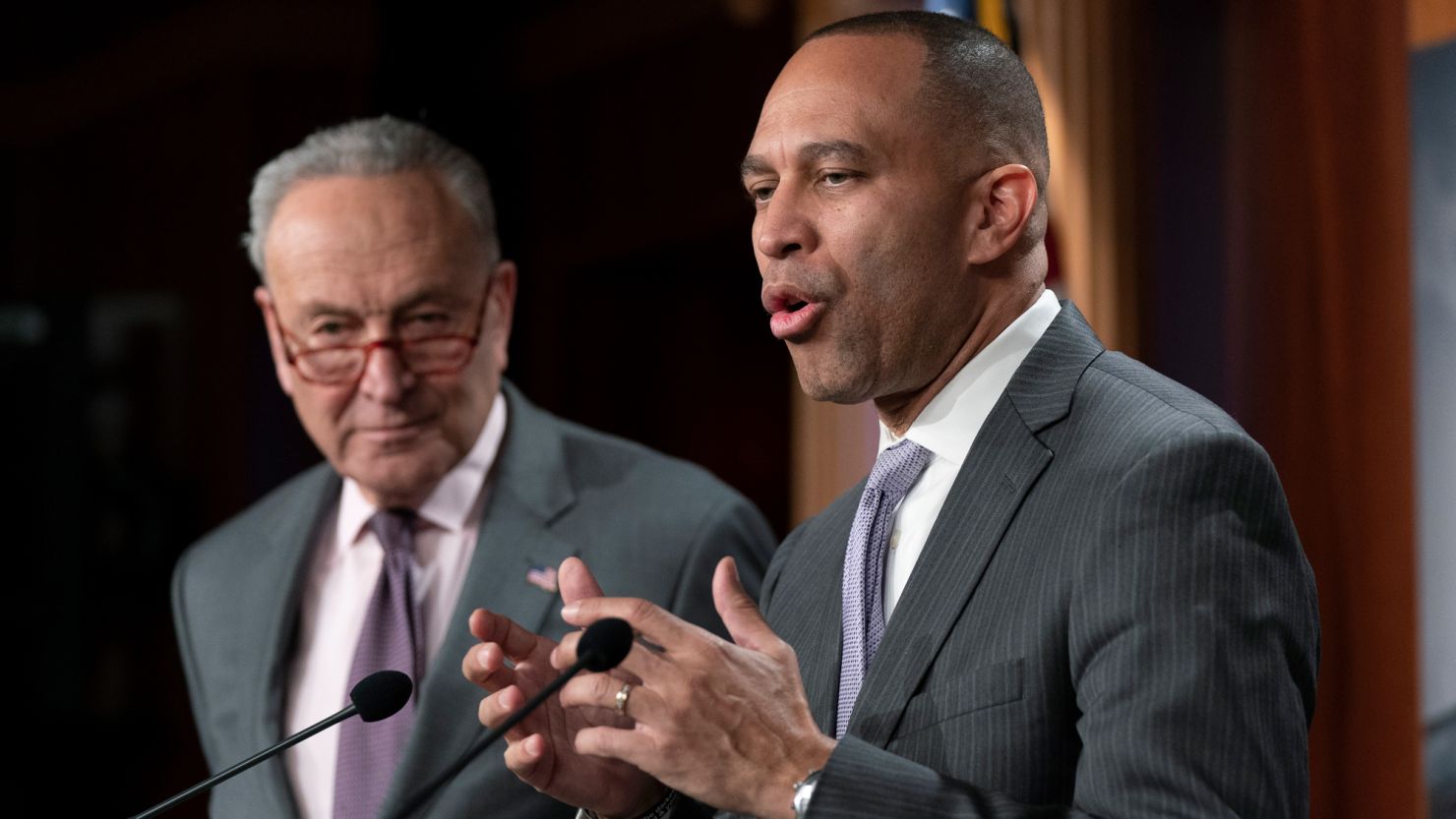 House Minority Leader Hakeem Jeffries with Senate Majority Leader Chuck Schumer speaks during a news conference on Capitol Hill in Washington, Wednesday, January 25, 2023. 