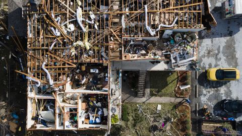 This aerial photo taken Wednesday shows damage caused by the tornado to an apartment complex in Deer Park, Texas.