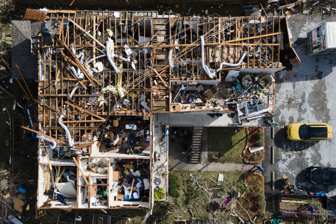 This aerial photo taken Wednesday shows tornado damage to an apartment complex in Deer Park, Texas.