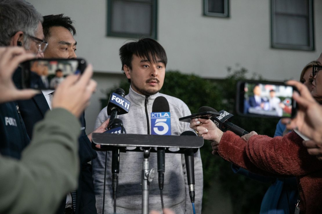 Brandon Tsay, who disarmed the gunman who opened fire at a ballroom dance studio in Monterey Park, California, speaks with media on January 23.
