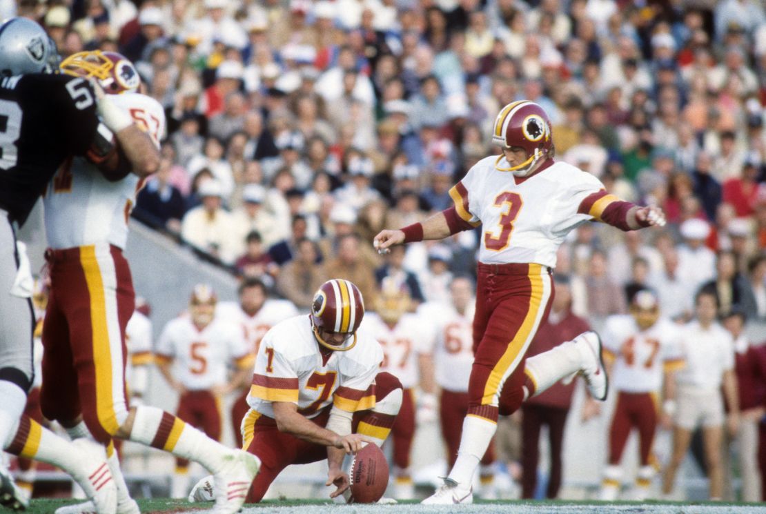 Moseley kicks against the Los Angeles Raiders during Super Bowl XVIII. 