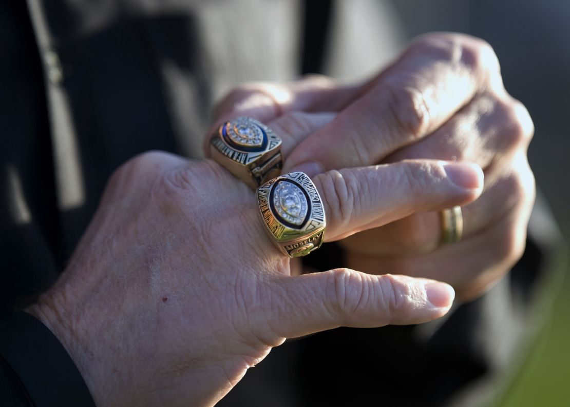 The hand of Moseley, displaying the two championship rings of his life: Super Bowl XVII (lower) and one for being part of the Fredericksburg Generals.