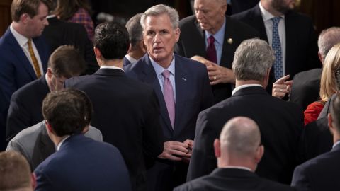 House GOP leader Kevin McCarthy is seen with other Republicans during the speakership vote on the chamber floor at the US Capitol in Washington DC on January 6 2023