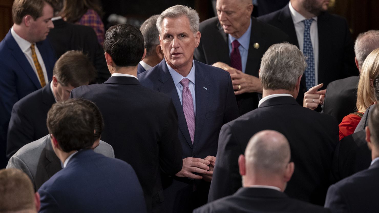 House GOP leader Kevin McCarthy is seen with other Republicans during the speakership vote on the chamber floor at the US Capitol in Washington, DC, on January 6, 2023.