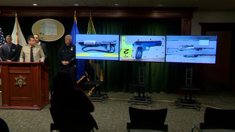 Los Angeles County Sheriff's officials on January 25, 2020, display three firearms recovered from the Monterey Park shooting suspect.