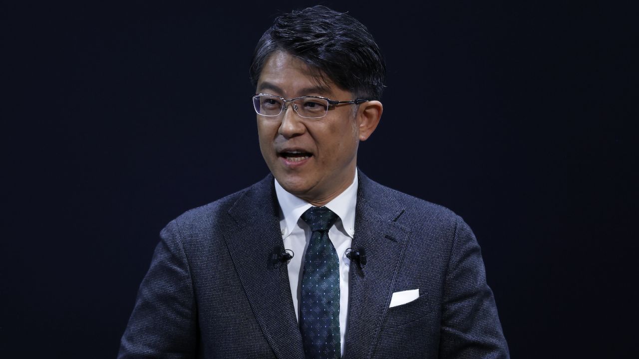 Koji Sato speaking at the Tokyo Auto Salon on Jan. 13, 2023. Sato will take over as CEO of Toyota in April.