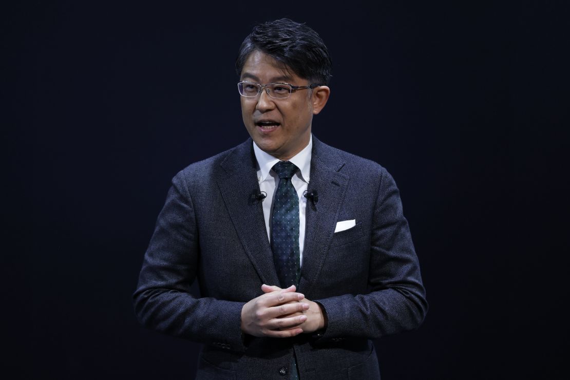 Koji Sato speaking at the Tokyo Auto Salon on Jan. 13, 2023. Sato will take over as CEO of Toyota in April.