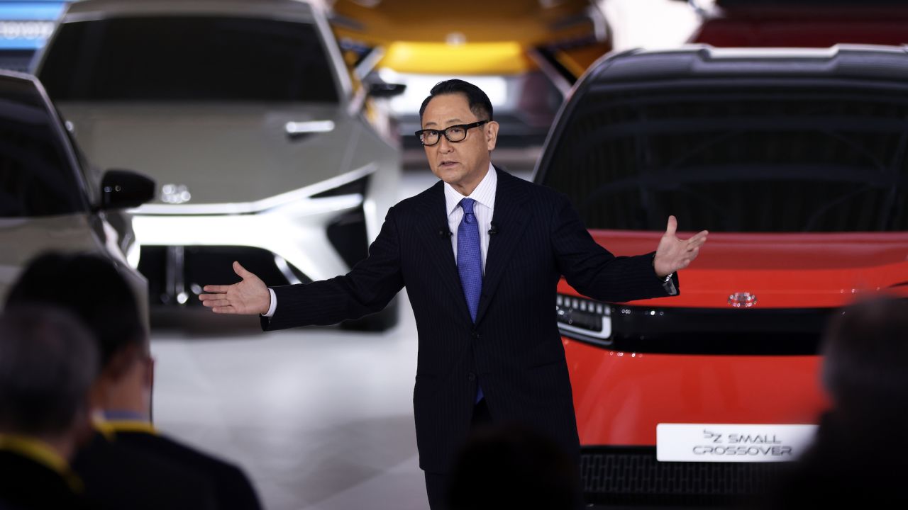 Akio Toyoda, president of Toyota, speaking at the company's showroom in Tokyo on Dec. 14, 2021.