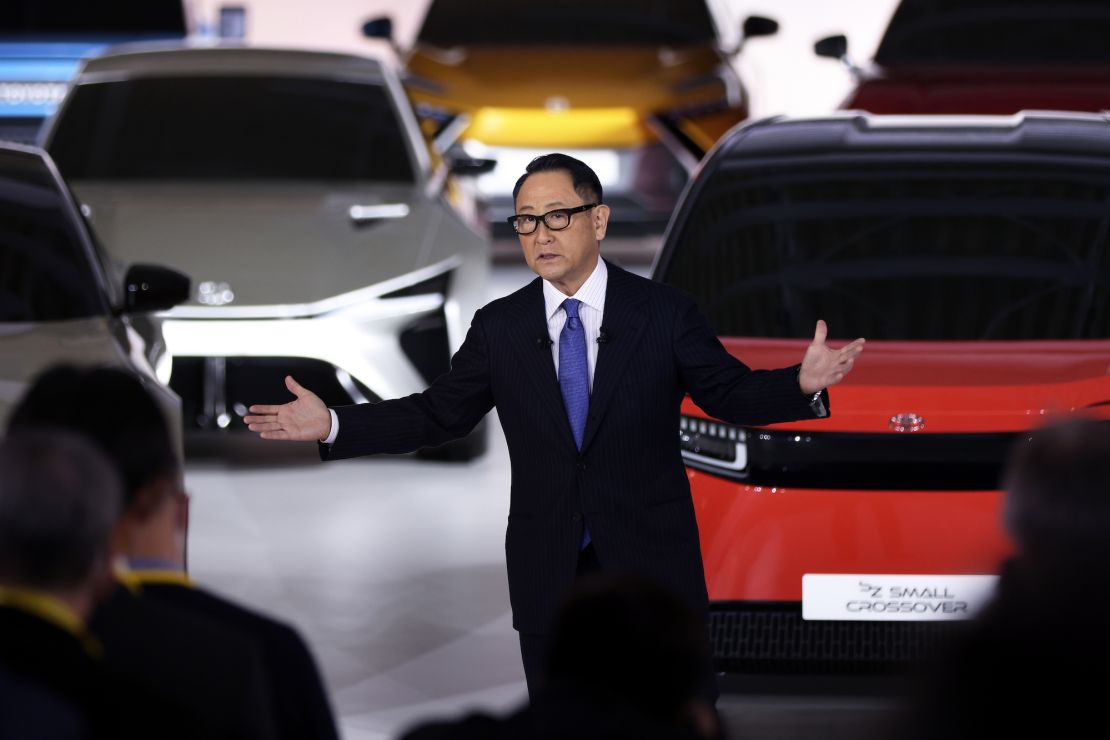Akio Toyoda, president of Toyota, speaking at the company's showroom in Tokyo on Dec. 14, 2021. 