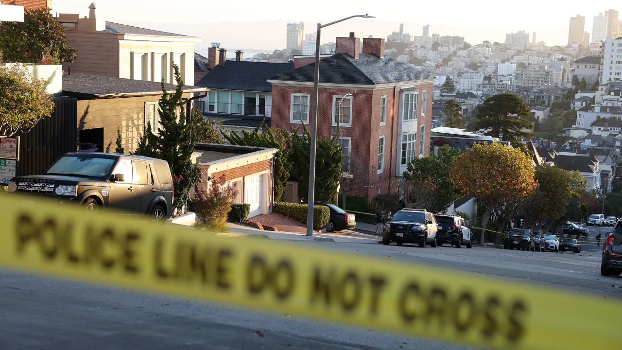 Police tape is seen in front of the home of U.S. Speaker of the House Nancy Pelosi (D-CA) on October 28, 2022 in San Francisco, California. Paul Pelosi, the husband of U.S. Speaker of the house Nancy Pelosi, was violently attacked in their home by an intruder. One arrest has been made. Speaker Pelosi was not at home at the time of the attack.