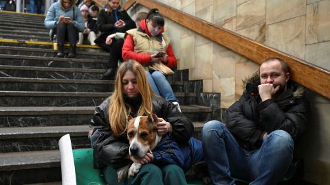People took refuge in Kyiv's metro station during Thursday's strike.