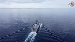 Russia's Admiral Gorshkov frigate, armed with Zircon hypersonic missiles, operating in the western part of the Atlantic Ocean.