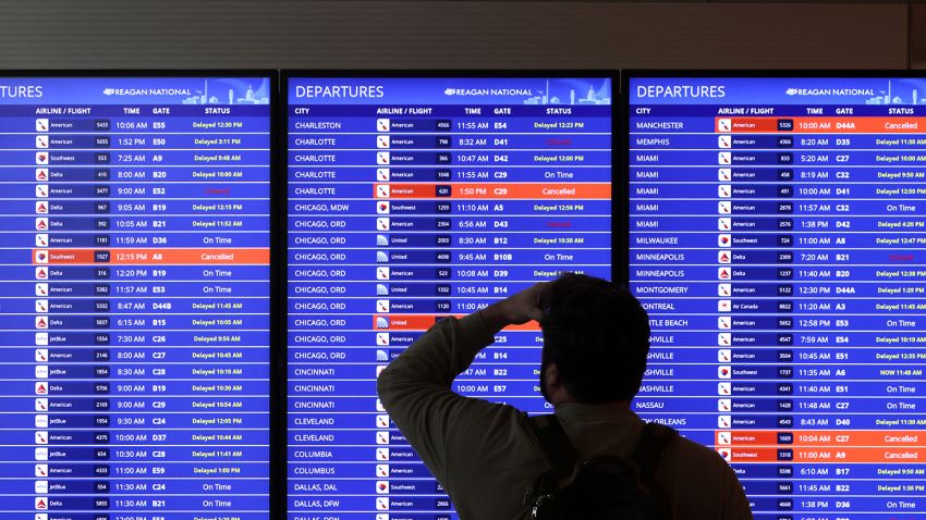 A traveler looks at a flight information board at Ronald Reagan Washington National Airport on January 11, 2023 in Arlington, Virginia.