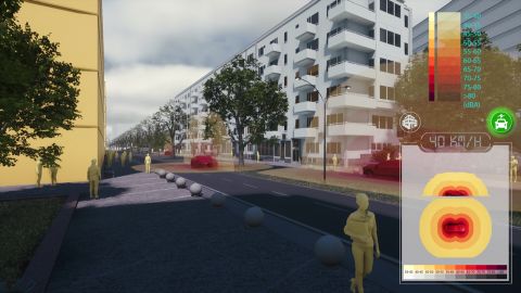Digital Twin of a city block close to Chalmers campus in Gothenburg, Sweden, showing simulated noise levels from street traffic. The noise levels are visualised by draping a heat map on the surrounding surfaces (street and building facades).