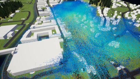 This digital twin shows simulated pollution levels to measure air quality in Gothenburg. A higher density of particles corresponds to higher pollution levels.