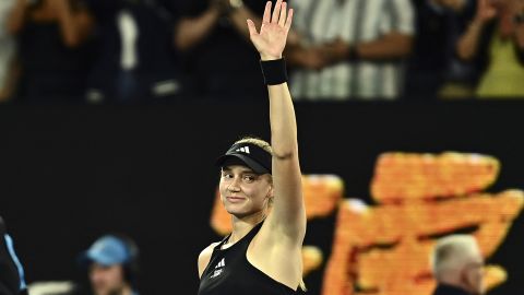 Rybakina celebrates after beating Azarenka.