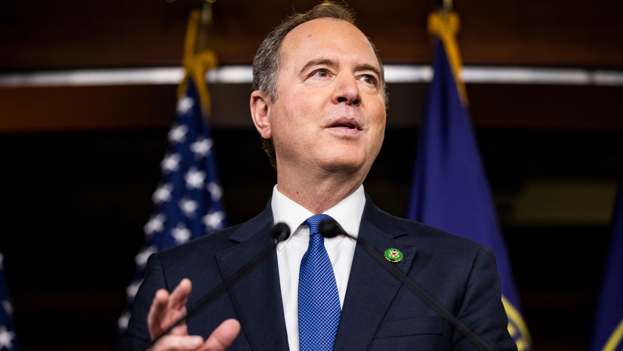 US Representative Adam Schiff (D-CA) speaks during a press conference with Representatives Eric Swalwell (D-CA) and Ilhan Omar (D-MN) on Capitol Hill in Washington DC, on January 25, 2023. House Speaker Kevin McCarthy has removed Swalwell and Schiff from the House Intelligence Committees as retribution for their investigations of former US President Trump and is threatening to block Omar from the House Foreign Affairs Committee. (Photo by Samuel Corum/Sipa USA)