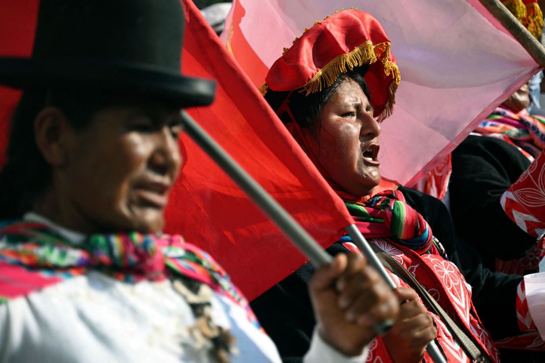 Indigenous women take part in a protest against Boluarte's government in Lima on January 24. 