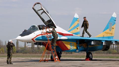 A MIG-29 fighter aircraft is seen before take off.