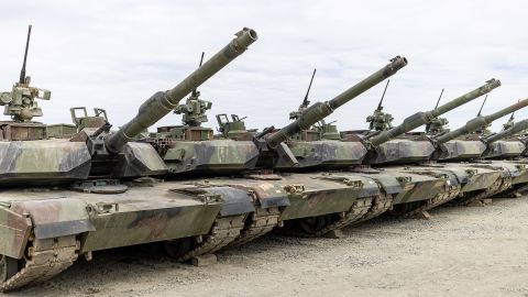 US-owned M1A2 Abrams tanks can be seen in Grafenwoehr, Germany.