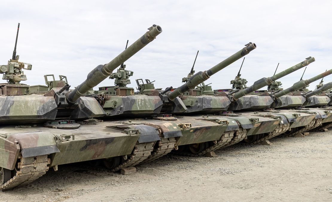 US-owned M1A2 Abrams tanks are seen in Grafenwoehr, Germany.