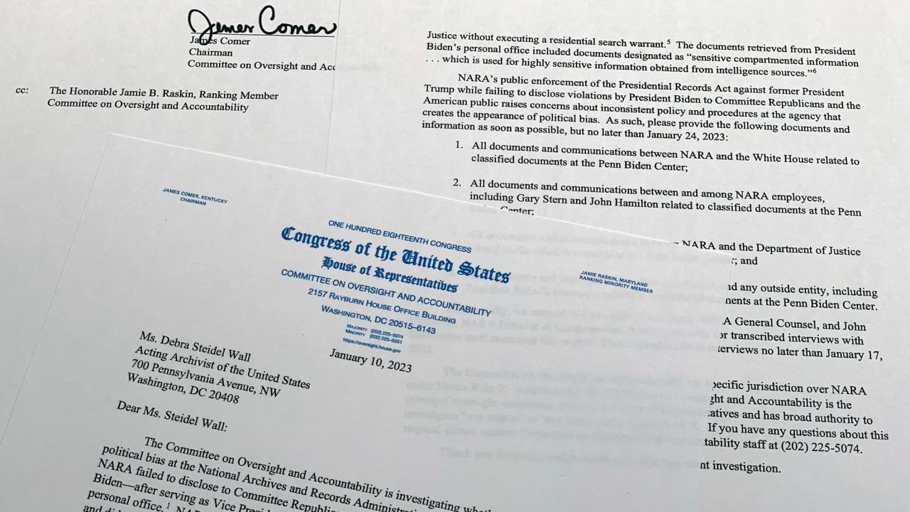 A letter from House Oversight Committee chairman Rep. James Comer to Debra Steidel Wall, archivist of the United States, is photographed January 10.