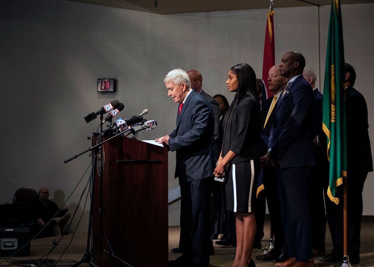 Steve Mulroy, the district attorney in Shelby County, Tennessee, speaks to the press after five former Memphis police officers <a href=