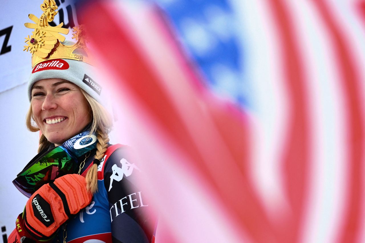 US skier Mikaela Shiffrin celebrates on the podium after winning a World Cup giant slalom race in Kronplatz, Italy, on Tuesday, January 24. It was her 83rd World Cup victory, <a href=