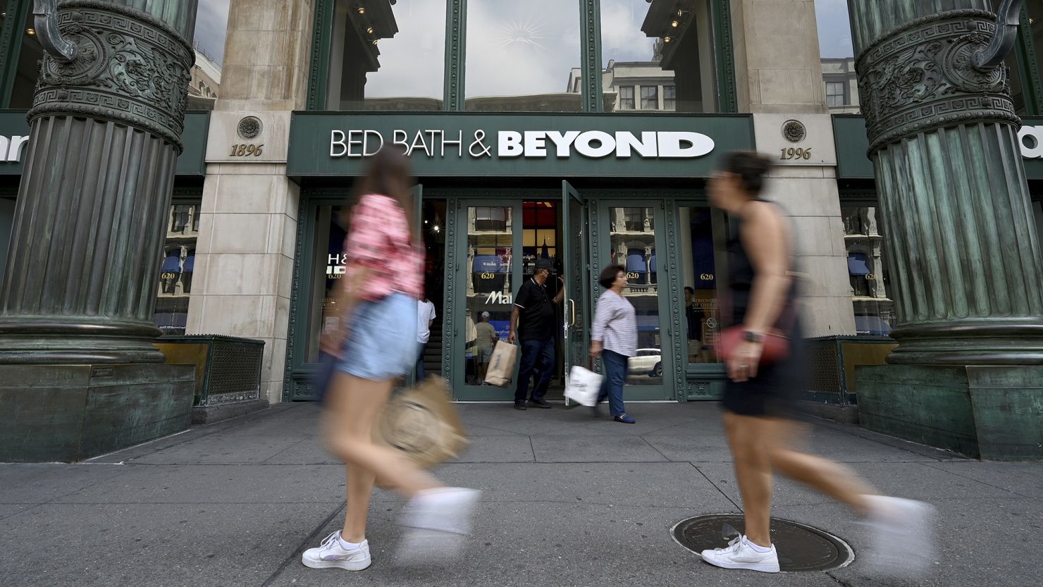 People walk past the entrance to a Bed Bath & Beyond retail store along Sixth Avenue in New York, NY, September 4, 2022. 