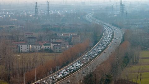 Aerial photo taken on Jan 23, 2023 shows a large number of congested vehicles on an expressway in Huai 'an city, East China's Jiangsu province. It was the second day of the Chinese New Year, when people began to travel to visit their families and highways at all levels saw peak travel.