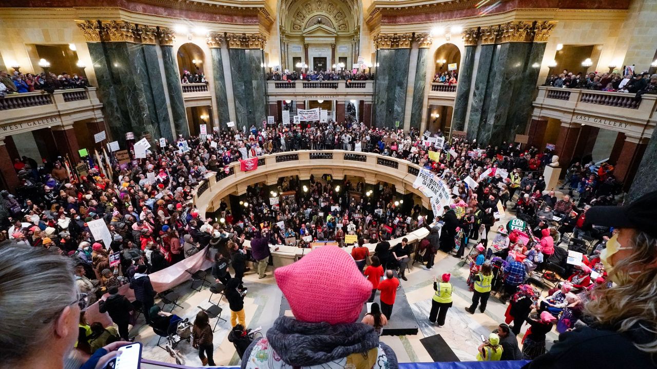 Protesters are seen in the Wisconsin Capitol Rotunda during a march supporting overturning Wisconsin's near total ban on abortion Sunday, Jan. 22, 2023, in Madison, Wis.
