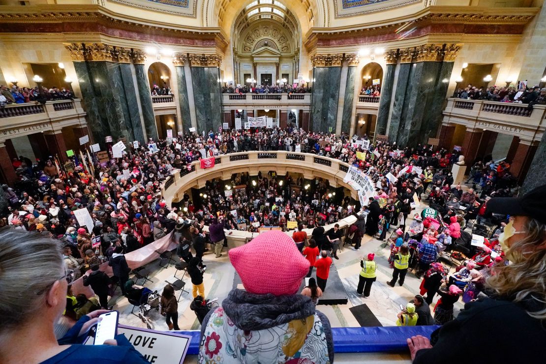 Protesters are seen in the Wisconsin Capitol Rotunda during a march supporting overturning Wisconsin's near total ban on abortion Sunday, Jan. 22, 2023, in Madison, Wis. 