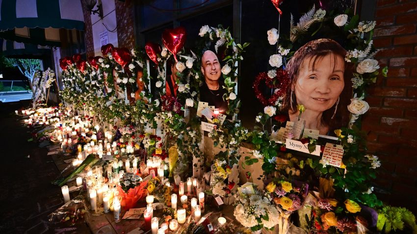 A makeshift memorial for victims of a mass shooting is pictured in front of the Star Ballroom Dance Studio in Monterey Park, California on January 26, 2023. (Photo by Frederic J. BROWN / AFP) (Photo by FREDERIC J. BROWN/AFP via Getty Images)