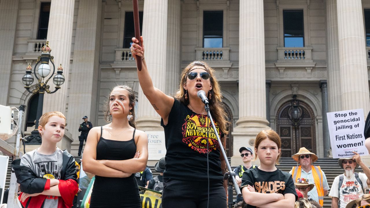 A Front Voice Treaty protest held on January 26, 2023 in Melbourne, Australia. 