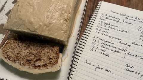 Susan Puckett's applesauce cake, and her Nana's handwritten recipe.