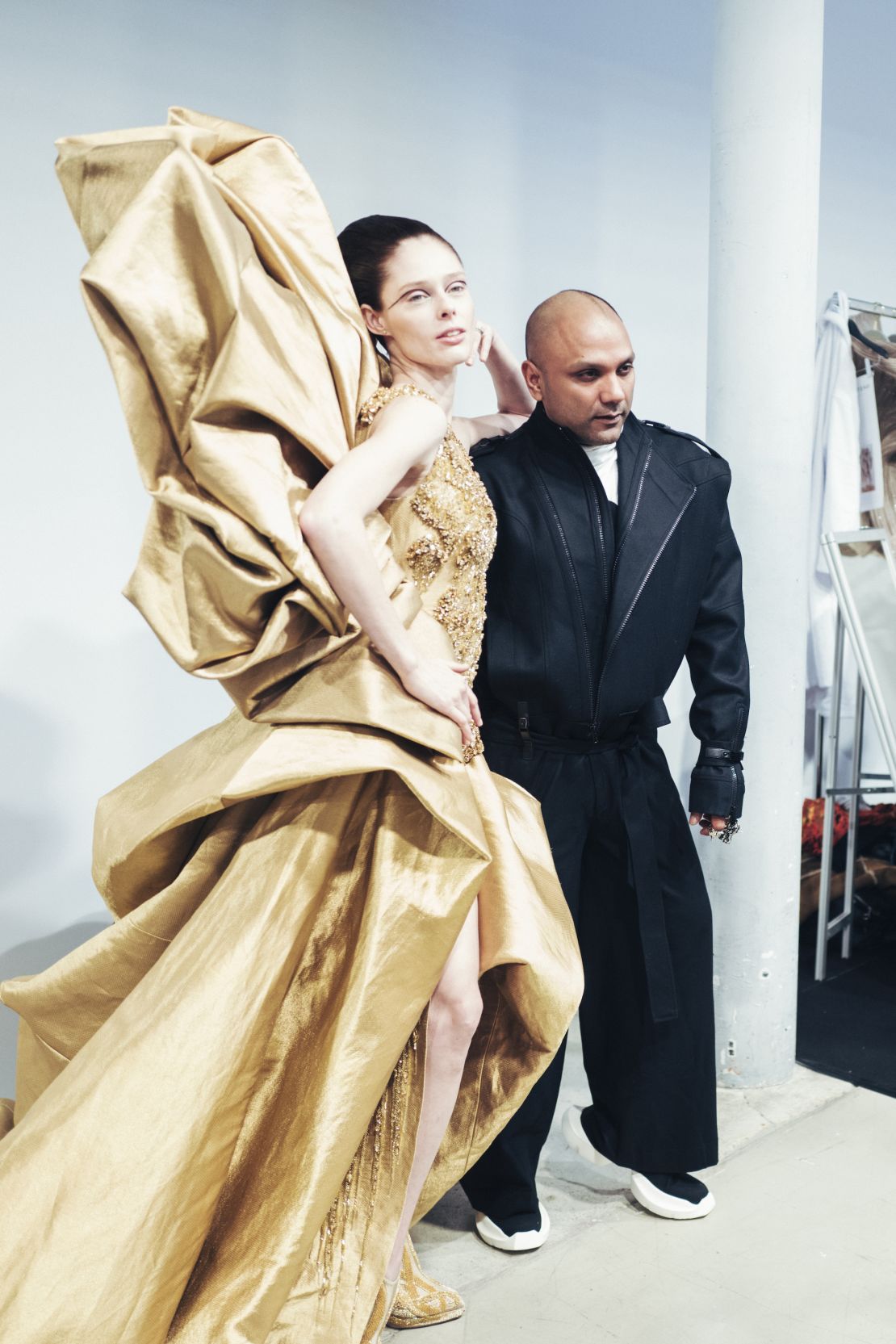 Model Coco Rocha and designer Gaurav Gupta pose backstage prior to the show on January 26, 2023 in Paris, France. 