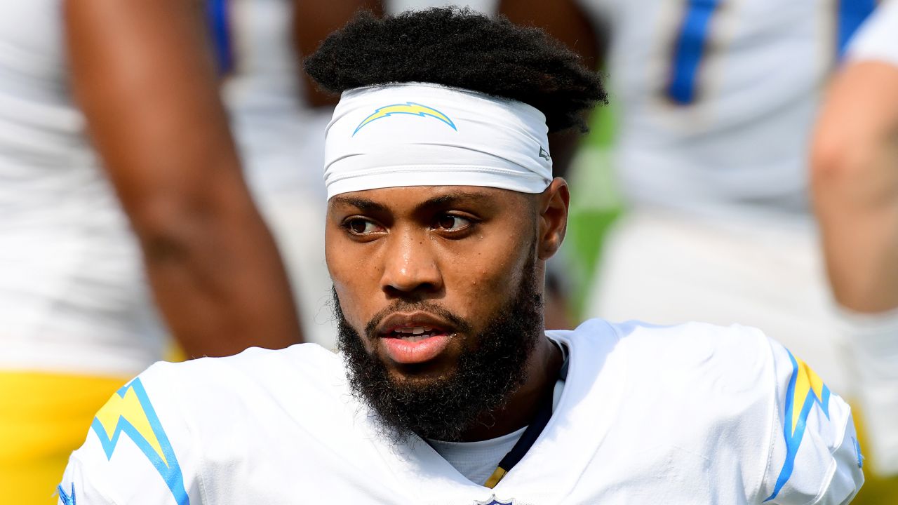 Jessie Lemonier during his time with the Los Angeles Chargers on the sidelines during a 21-16 Carolina Panthers win at SoFi Stadium on September 27, 2020. 
