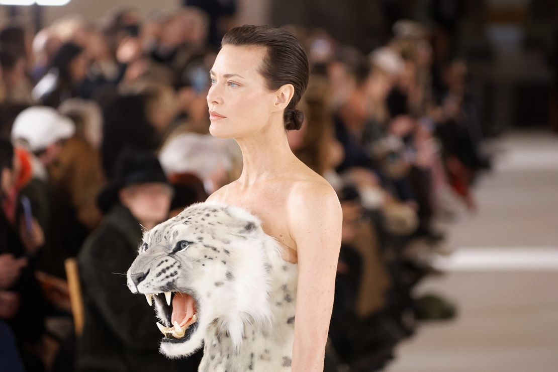 Shalom Harlow's gown featured a roaring snow leopard bursting out the bust.