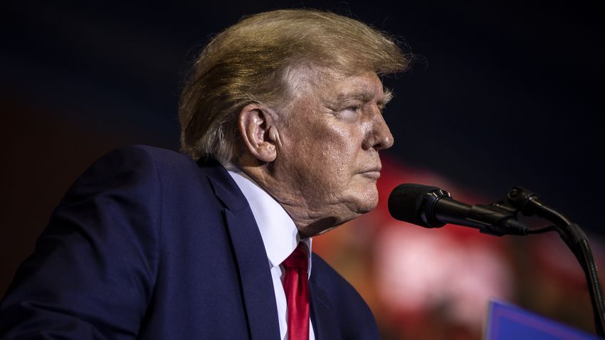 Former President Donald Trump speaks on May 28, 2022 in Casper, Wyoming. The rally is being held to support Harriet Hageman, Rep. Liz Cheneys primary challenger in Wyoming.