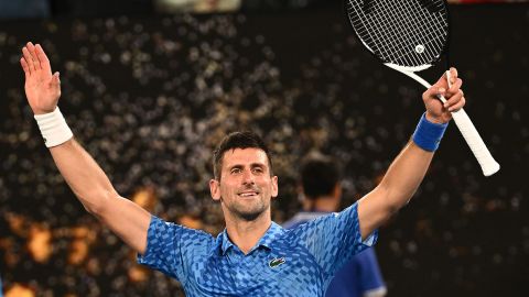 MELBOURNE, AUSTRALIA - JANUARY 27: Novak Djokovic of Serbia celebrates winning in the Semifinal singles match against Tommy Paul of the United States during day 12 of the 2023 Australian Open at Melbourne Park on January 27, 2023 in Melbourne, Australia. (Photo by Quinn Rooney/Getty Images)